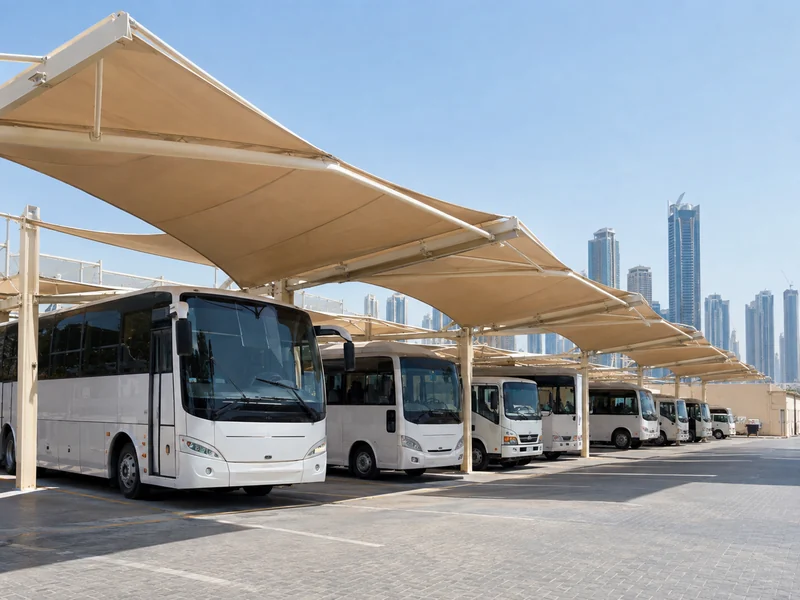 Large vehicles parked beneath tensile shade structures